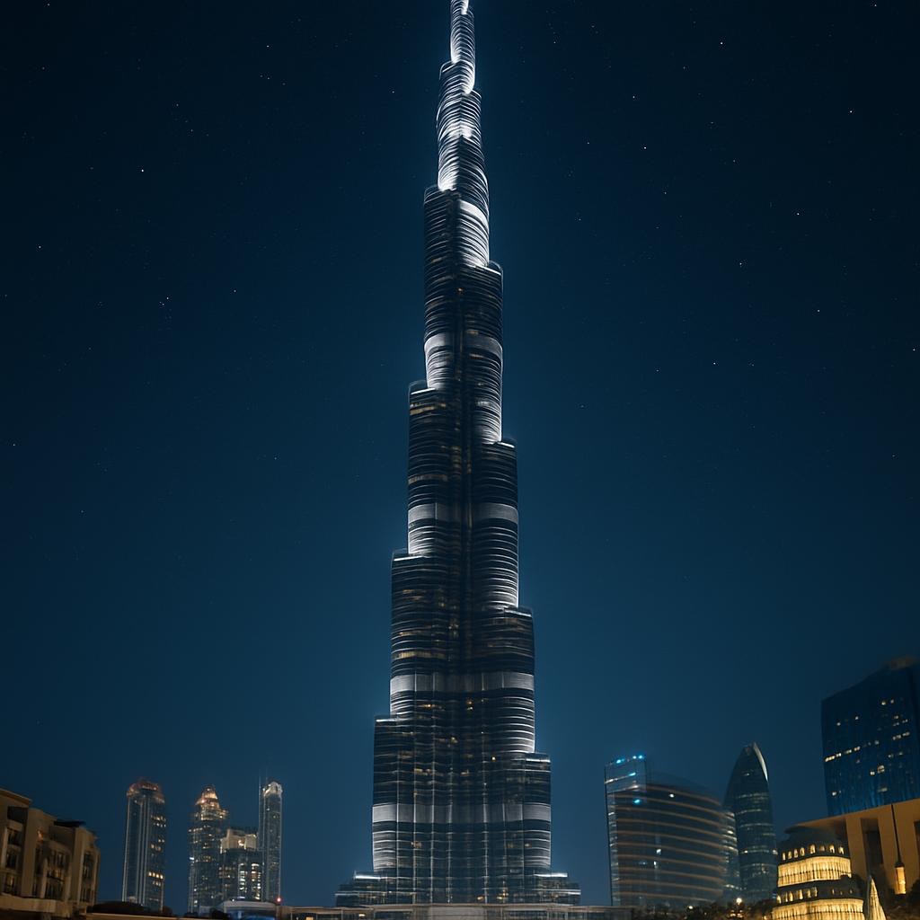 Burj Khalifa de nuit. Plus haute tour du monde.